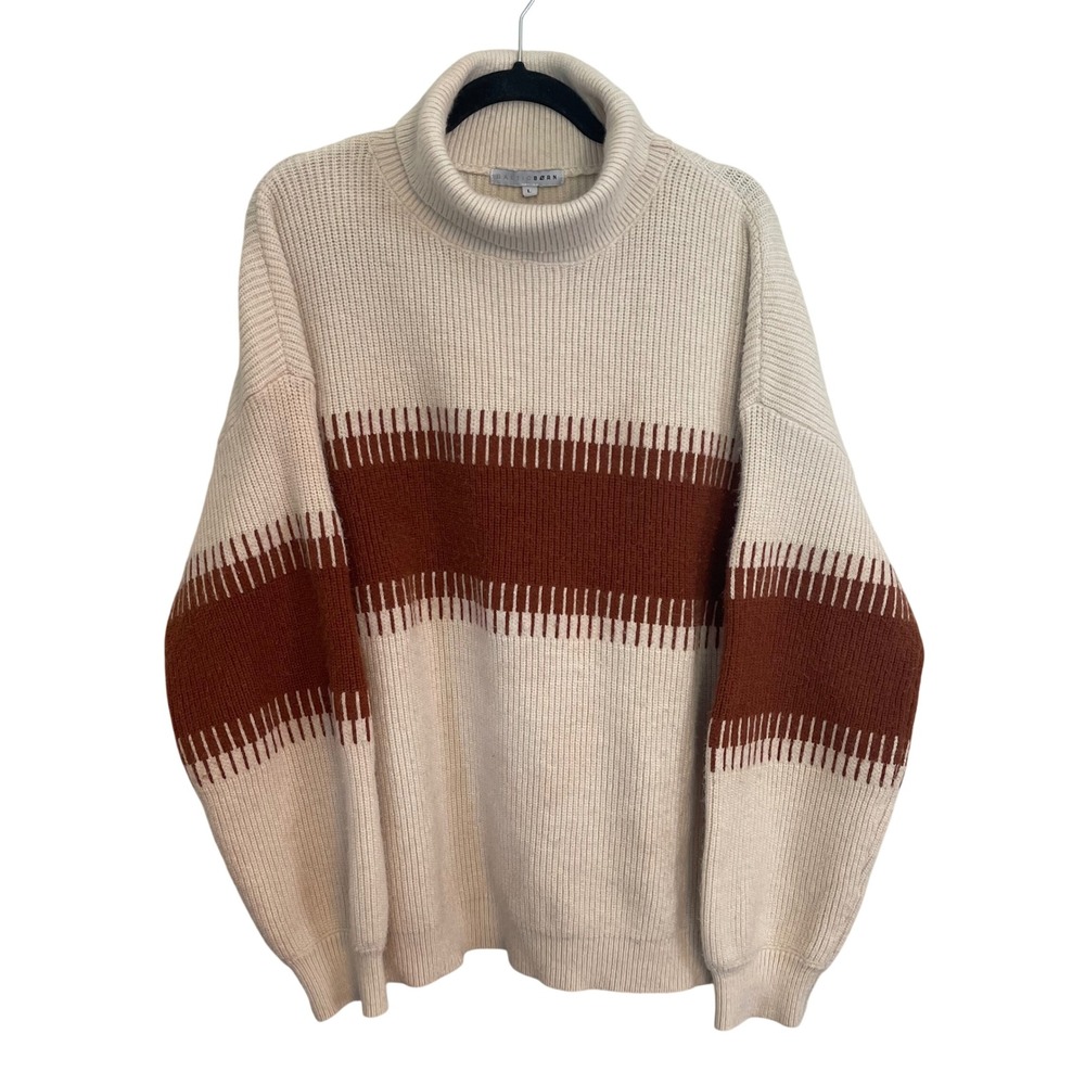 Baltic Born Cream Brown Striped Ribbed Turtleneck Oversized Sweater Large